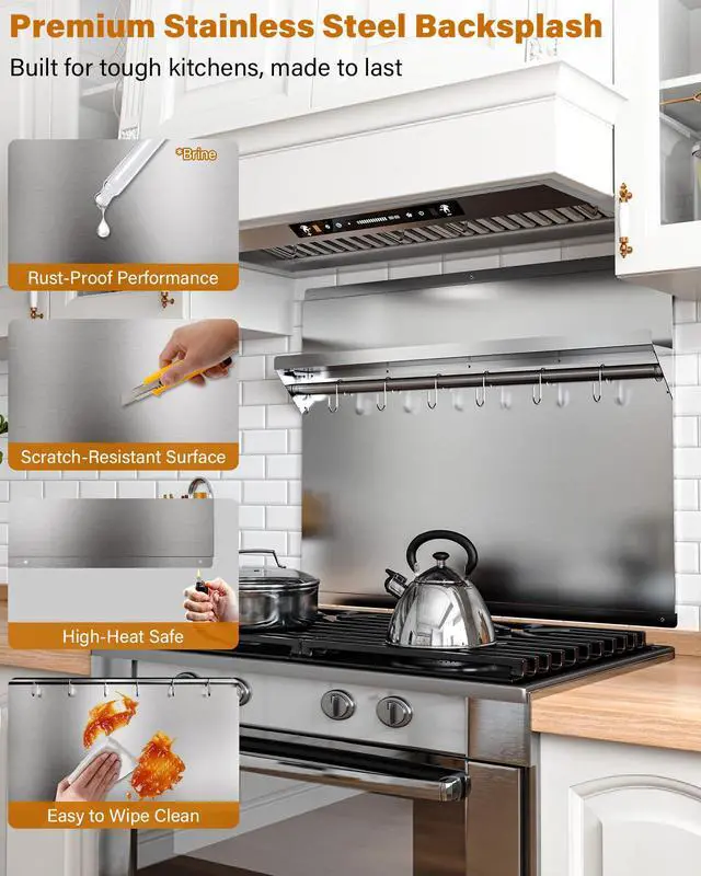 Alt view image 6 of 7 - 24 x 30 In Stainless Steel Backsplash - Kitchen Wall Splash Guard Behind Stove with Storage Shelf and Hanging Rack, Easy Clean and Installation