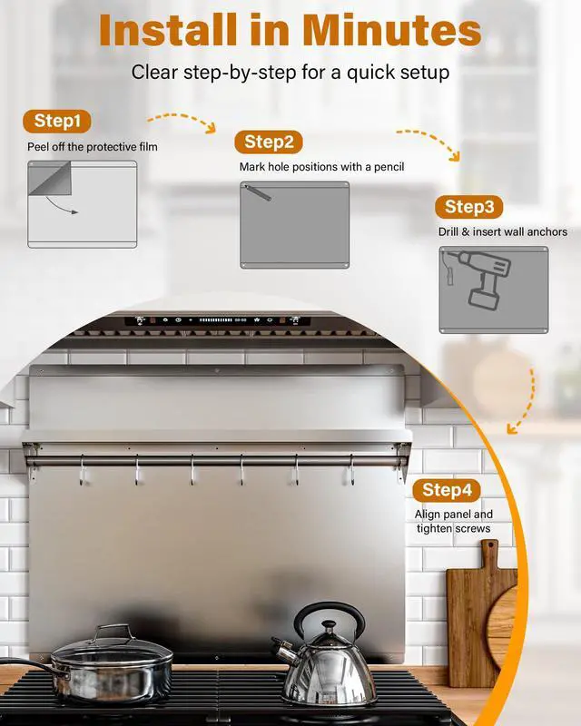 Alt view image 5 of 7 - 24 x 30 In Stainless Steel Backsplash - Kitchen Wall Splash Guard Behind Stove with Storage Shelf and Hanging Rack, Easy Clean and Installation
