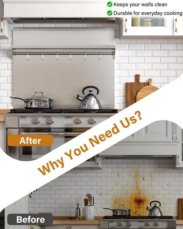 Alt view image 7 of 7 - 24 x 30 In Stainless Steel Backsplash - Kitchen Wall Splash Guard Behind Stove with Storage Shelf and Hanging Rack, Easy Clean and Installation