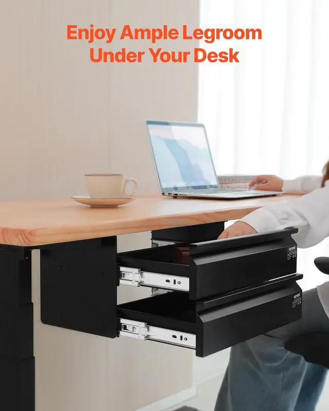 Alt view image 3 of 7 - Under Desk 2 Layer Slide Out Drawer, 16 inch Under Desk Pull-out Drawer for Home Office Sit Stand Workstation, Black