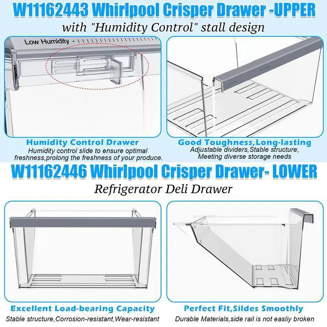 Alt view image 5 of 7 - W11162443 W11162446 WRS555SIHZ03 WRS325SDHZ05 WRS315SDHZ05 WRS315SDHM01 WRS321SDHZ08 WRS325SDHZ08 WRS315SDHZ08 Crisper Drawer Compatible with Whirlpool Refrigerator Drawer Replacement Fridge Drawer