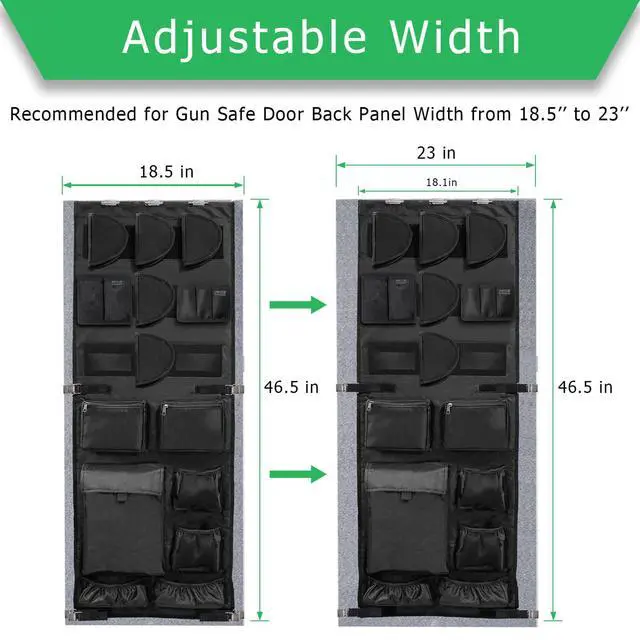 Alt view image 2 of 7 - Gun Safe Door Organizer,Gun Safe Door Panel Organizer with Removable Pistol Holders Mag Pouch,Adjustable Width Fit Panel 18.5 to 23 inches,Gun Safes Accessories Storage(18W*46.5H inch)