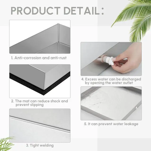 Alt view image 4 of 7 - 28" x 30" x 2.5" Washing Machine Drain Pan Washing Machine Tray for Floor Protection Heavy Duty 304 Stainless Steel Dishwasher Leak Pan with Drain Hole and Anti-slip Bottom Pad