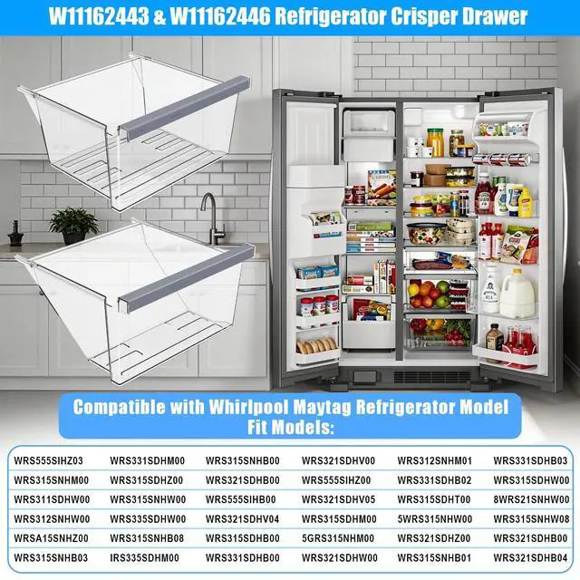Alt view image 6 of 7 - W11162443 W11162446 WRS555SIHZ03 WRS325SDHZ05 WRS315SDHZ05 WRS315SDHM01 WRS321SDHZ08 WRS325SDHZ08 WRS315SDHZ08 Crisper Drawer Compatible with Whirlpool Refrigerator Drawer Replacement Fridge Drawer