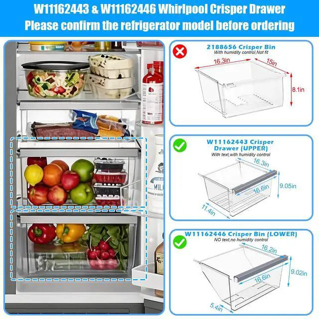 Alt view image 7 of 7 - W11162443 W11162446 WRS555SIHZ03 WRS325SDHZ05 WRS315SDHZ05 WRS315SDHM01 WRS321SDHZ08 WRS325SDHZ08 WRS315SDHZ08 Crisper Drawer Compatible with Whirlpool Refrigerator Drawer Replacement Fridge Drawer