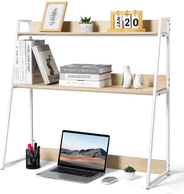Main image of 2-Tier Desktop Bookshelf & Hutch, Fits Over Large Monitors, Desk Organizer with Metal Frame, Vertical Storage for Small Desks, Home Office, Dorm, Makeup Vanity
