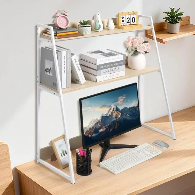 Alt view image 2 of 7 - 2-Tier Desktop Bookshelf & Hutch, Fits Over Large Monitors, Desk Organizer with Metal Frame, Vertical Storage for Small Desks, Home Office, Dorm, Makeup Vanity