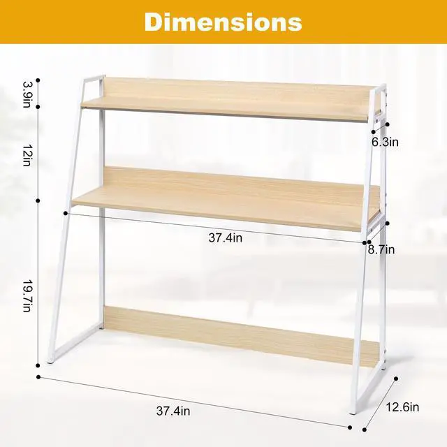 Alt view image 3 of 7 - 2-Tier Desktop Bookshelf & Hutch, Fits Over Large Monitors, Desk Organizer with Metal Frame, Vertical Storage for Small Desks, Home Office, Dorm, Makeup Vanity