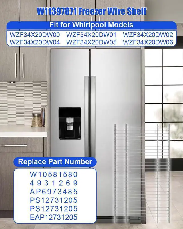 Alt view image 2 of 6 - W11397871 Freezer Wire Shelf Fit for Whirlpool Upper Freezer WZF34X20DW00 WZF34X20DW01 WZF34X20DW02 WZF34X20DW04 WZF34X20DW05 WZF34X20DW06, Replace W10581580 4931269 AP6973485 PS12731205 EAP12731205