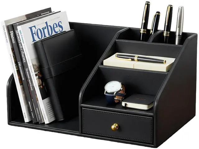 Main image of PU Leather Desk Organizer, Multifunction 6 Compartment Desk Organizers and Accessories for Office Supplies, Pen Pencil Holder/Book Mail Organizer Holder for Desk with Drawer(Black)