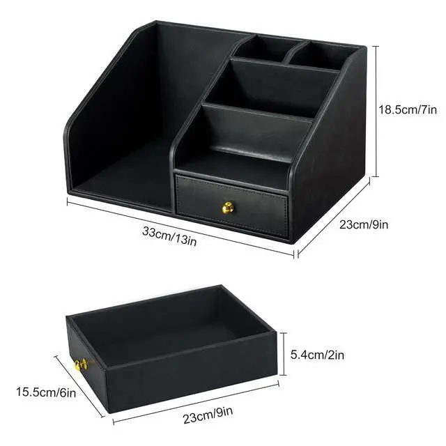 Alt view image 2 of 7 - PU Leather Desk Organizer, Multifunction 6 Compartment Desk Organizers and Accessories for Office Supplies, Pen Pencil Holder/Book Mail Organizer Holder for Desk with Drawer(Black)