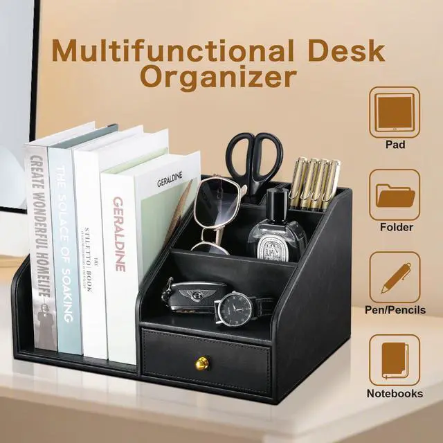Alt view image 3 of 7 - PU Leather Desk Organizer, Multifunction 6 Compartment Desk Organizers and Accessories for Office Supplies, Pen Pencil Holder/Book Mail Organizer Holder for Desk with Drawer(Black)