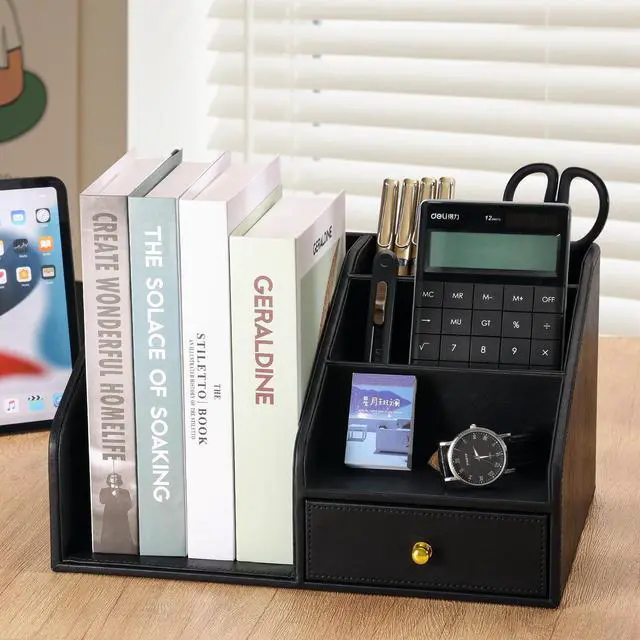 Alt view image 4 of 7 - PU Leather Desk Organizer, Multifunction 6 Compartment Desk Organizers and Accessories for Office Supplies, Pen Pencil Holder/Book Mail Organizer Holder for Desk with Drawer(Black)