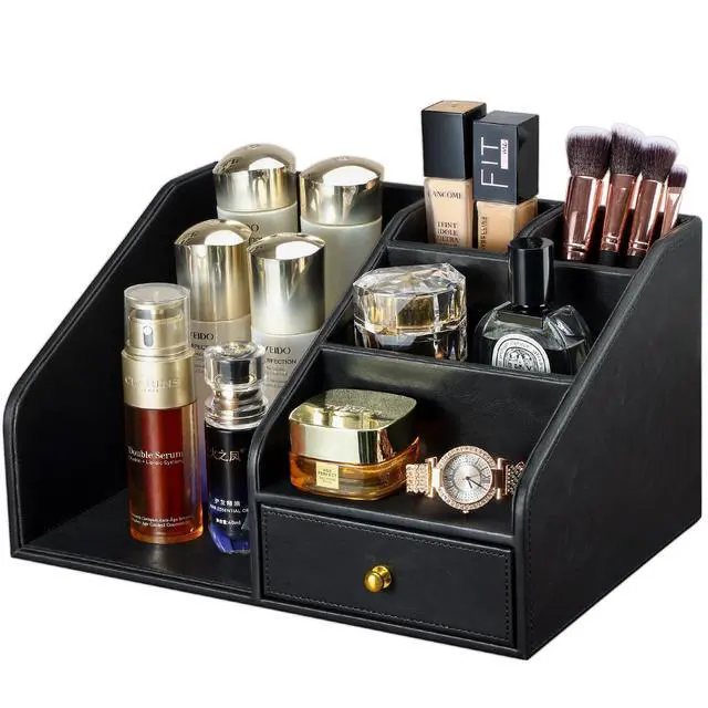 Alt view image 5 of 7 - PU Leather Desk Organizer, Multifunction 6 Compartment Desk Organizers and Accessories for Office Supplies, Pen Pencil Holder/Book Mail Organizer Holder for Desk with Drawer(Black)