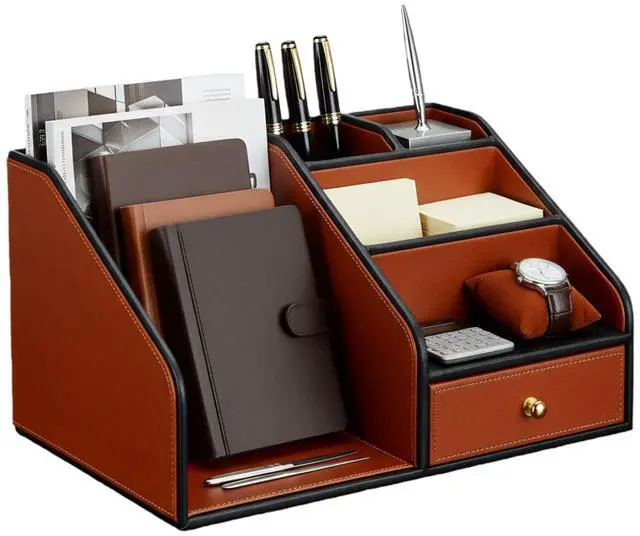 Main image of PU Leather Desk Organizer, Multifunction 6 Compartment Desk Organizers and Accessories for Office Supplies, Pen Pencil Holder/Book Mail Organizer Holder for Desk with Drawer (Brown)