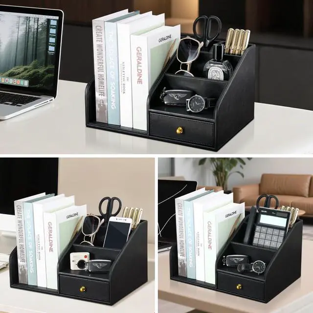 Alt view image 7 of 7 - PU Leather Desk Organizer, Multifunction 6 Compartment Desk Organizers and Accessories for Office Supplies, Pen Pencil Holder/Book Mail Organizer Holder for Desk with Drawer(Black)