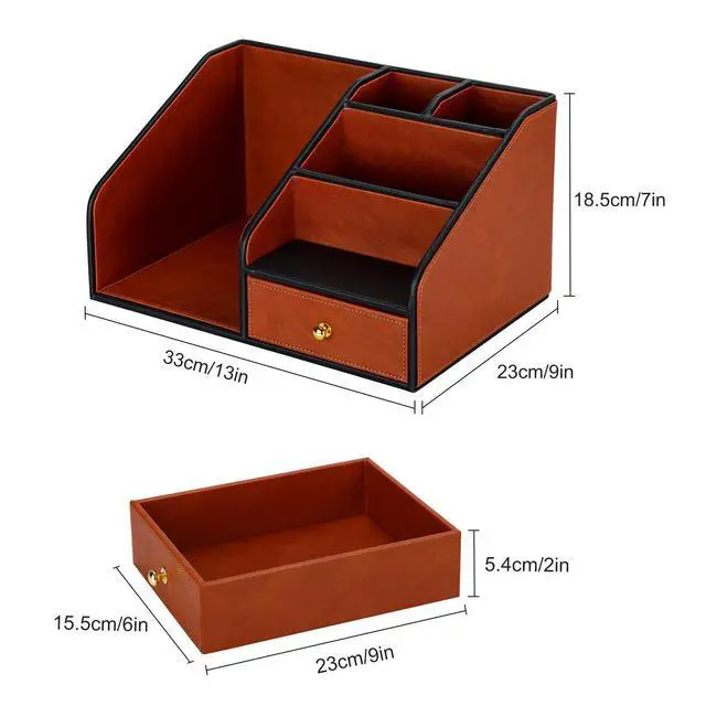 Alt view image 2 of 7 - PU Leather Desk Organizer, Multifunction 6 Compartment Desk Organizers and Accessories for Office Supplies, Pen Pencil Holder/Book Mail Organizer Holder for Desk with Drawer (Brown)