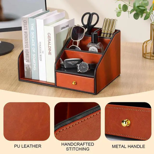 Alt view image 3 of 7 - PU Leather Desk Organizer, Multifunction 6 Compartment Desk Organizers and Accessories for Office Supplies, Pen Pencil Holder/Book Mail Organizer Holder for Desk with Drawer (Brown)