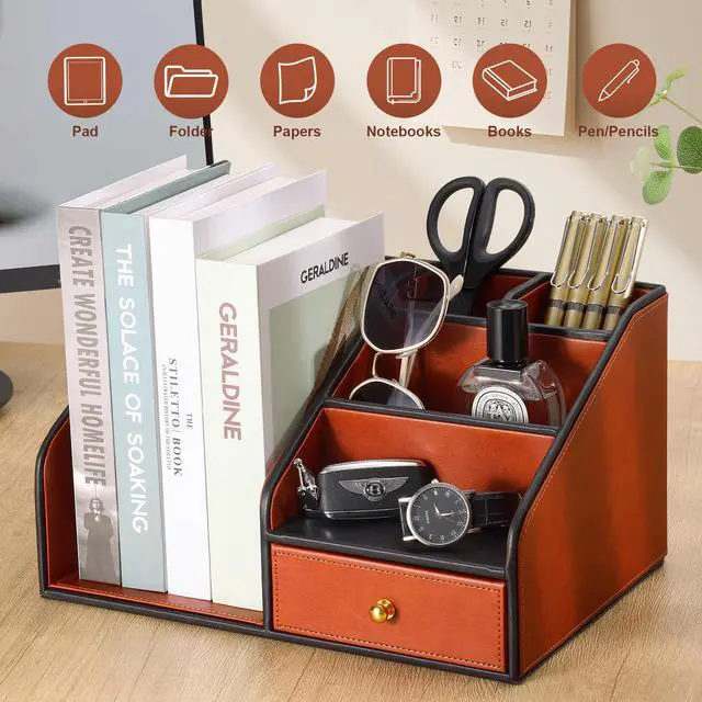 Alt view image 4 of 7 - PU Leather Desk Organizer, Multifunction 6 Compartment Desk Organizers and Accessories for Office Supplies, Pen Pencil Holder/Book Mail Organizer Holder for Desk with Drawer (Brown)