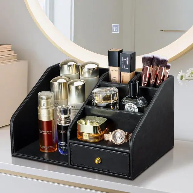 Alt view image 6 of 7 - PU Leather Desk Organizer, Multifunction 6 Compartment Desk Organizers and Accessories for Office Supplies, Pen Pencil Holder/Book Mail Organizer Holder for Desk with Drawer(Black)