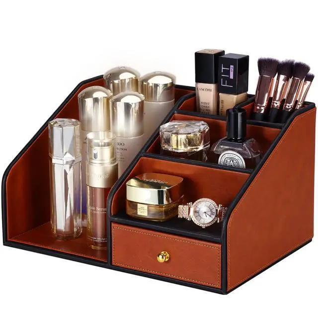Alt view image 5 of 7 - PU Leather Desk Organizer, Multifunction 6 Compartment Desk Organizers and Accessories for Office Supplies, Pen Pencil Holder/Book Mail Organizer Holder for Desk with Drawer (Brown)