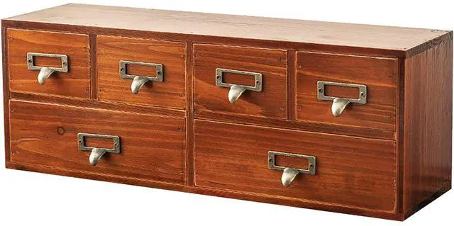 Main image of 6-Drawer Vintage Desk Organizer Classic Brown Wood Storage Drawers for Tabletop - Slim Retro Style Desktop Organizing Cabinet with 6 Drawers - Office Study Table Wood Storage Box Organizer, 1-pack