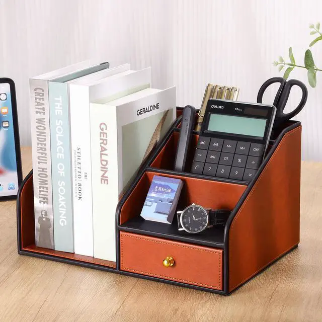 Alt view image 7 of 7 - PU Leather Desk Organizer, Multifunction 6 Compartment Desk Organizers and Accessories for Office Supplies, Pen Pencil Holder/Book Mail Organizer Holder for Desk with Drawer (Brown)