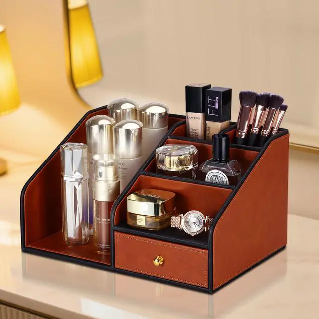 Alt view image 6 of 7 - PU Leather Desk Organizer, Multifunction 6 Compartment Desk Organizers and Accessories for Office Supplies, Pen Pencil Holder/Book Mail Organizer Holder for Desk with Drawer (Brown)