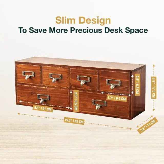 Alt view image 2 of 7 - 6-Drawer Vintage Desk Organizer Classic Brown Wood Storage Drawers for Tabletop - Slim Retro Style Desktop Organizing Cabinet with 6 Drawers - Office Study Table Wood Storage Box Organizer, 1-pack