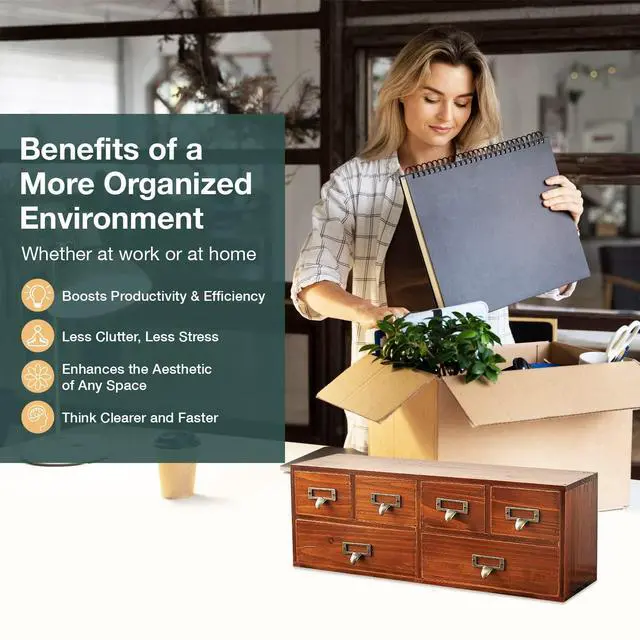 Alt view image 4 of 7 - 6-Drawer Vintage Desk Organizer Classic Brown Wood Storage Drawers for Tabletop - Slim Retro Style Desktop Organizing Cabinet with 6 Drawers - Office Study Table Wood Storage Box Organizer, 1-pack