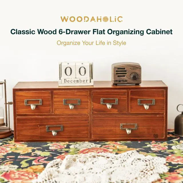 Alt view image 5 of 7 - 6-Drawer Vintage Desk Organizer Classic Brown Wood Storage Drawers for Tabletop - Slim Retro Style Desktop Organizing Cabinet with 6 Drawers - Office Study Table Wood Storage Box Organizer, 1-pack