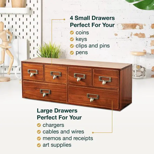 Alt view image 6 of 7 - 6-Drawer Vintage Desk Organizer Classic Brown Wood Storage Drawers for Tabletop - Slim Retro Style Desktop Organizing Cabinet with 6 Drawers - Office Study Table Wood Storage Box Organizer, 1-pack