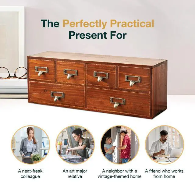 Alt view image 7 of 7 - 6-Drawer Vintage Desk Organizer Classic Brown Wood Storage Drawers for Tabletop - Slim Retro Style Desktop Organizing Cabinet with 6 Drawers - Office Study Table Wood Storage Box Organizer, 1-pack