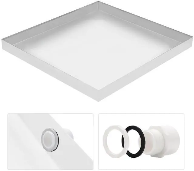 Main image of Heavy Duty Washing Machine Drain Pan 19 Guage Thick Stainless Steel 32X30X2-1/2in, Including 1" Drain Fittings (Matte White)
