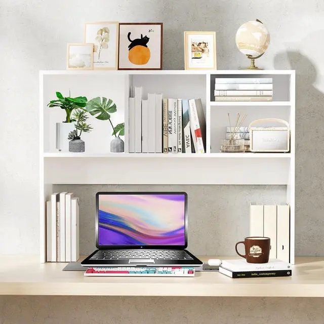 Main image of Desktop Bookshelf Wooden Desktop Hutch Storage Organizer Multipurpose Tabletop Display Rack with 4 Shelves for Computer Desk Hutch for College Dorm Office Home (White)