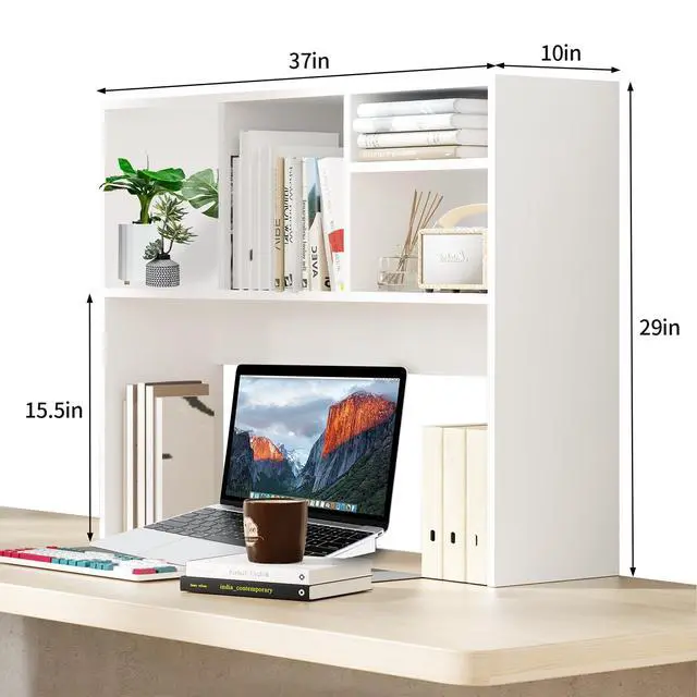 Alt view image 2 of 7 - Desktop Bookshelf Wooden Desktop Hutch Storage Organizer Multipurpose Tabletop Display Rack with 4 Shelves for Computer Desk Hutch for College Dorm Office Home (White)