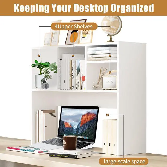 Alt view image 3 of 7 - Desktop Bookshelf Wooden Desktop Hutch Storage Organizer Multipurpose Tabletop Display Rack with 4 Shelves for Computer Desk Hutch for College Dorm Office Home (White)