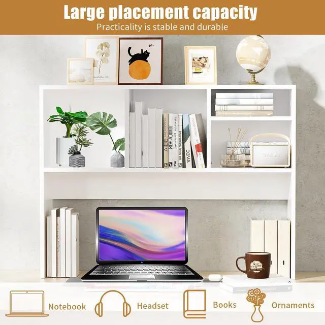 Alt view image 4 of 7 - Desktop Bookshelf Wooden Desktop Hutch Storage Organizer Multipurpose Tabletop Display Rack with 4 Shelves for Computer Desk Hutch for College Dorm Office Home (White)
