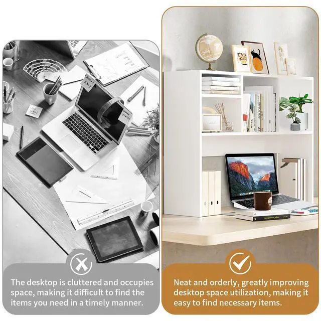 Alt view image 5 of 7 - Desktop Bookshelf Wooden Desktop Hutch Storage Organizer Multipurpose Tabletop Display Rack with 4 Shelves for Computer Desk Hutch for College Dorm Office Home (White)