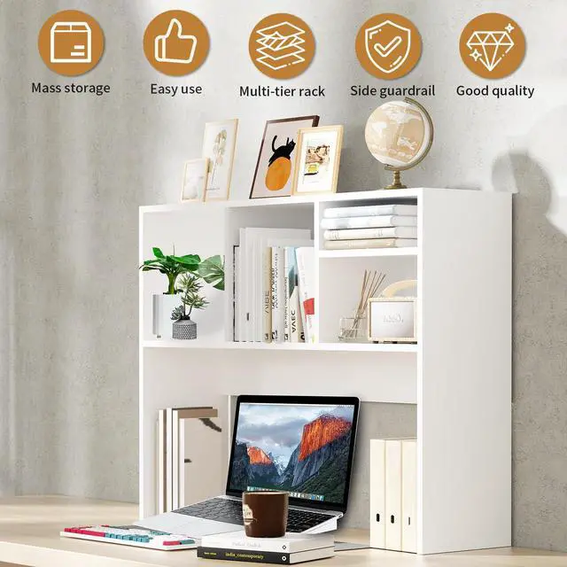 Alt view image 6 of 7 - Desktop Bookshelf Wooden Desktop Hutch Storage Organizer Multipurpose Tabletop Display Rack with 4 Shelves for Computer Desk Hutch for College Dorm Office Home (White)