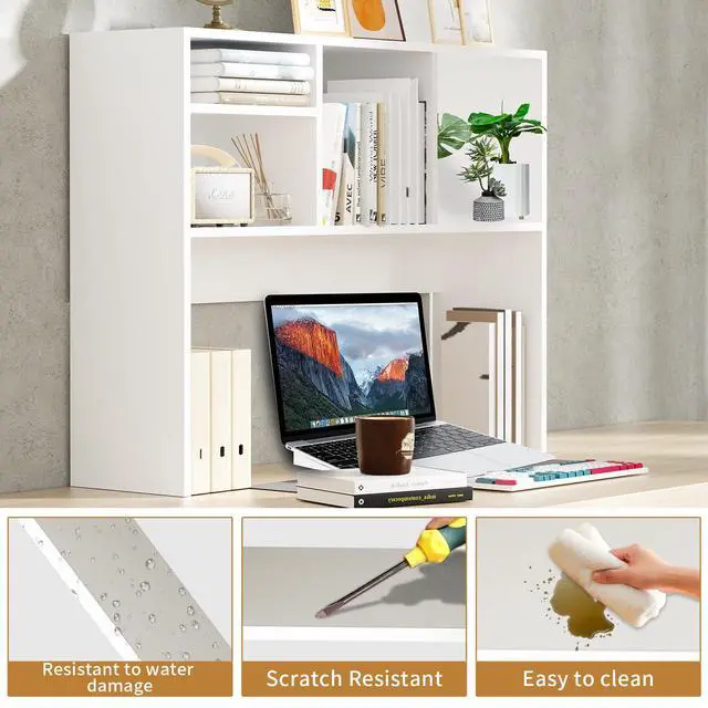 Alt view image 7 of 7 - Desktop Bookshelf Wooden Desktop Hutch Storage Organizer Multipurpose Tabletop Display Rack with 4 Shelves for Computer Desk Hutch for College Dorm Office Home (White)