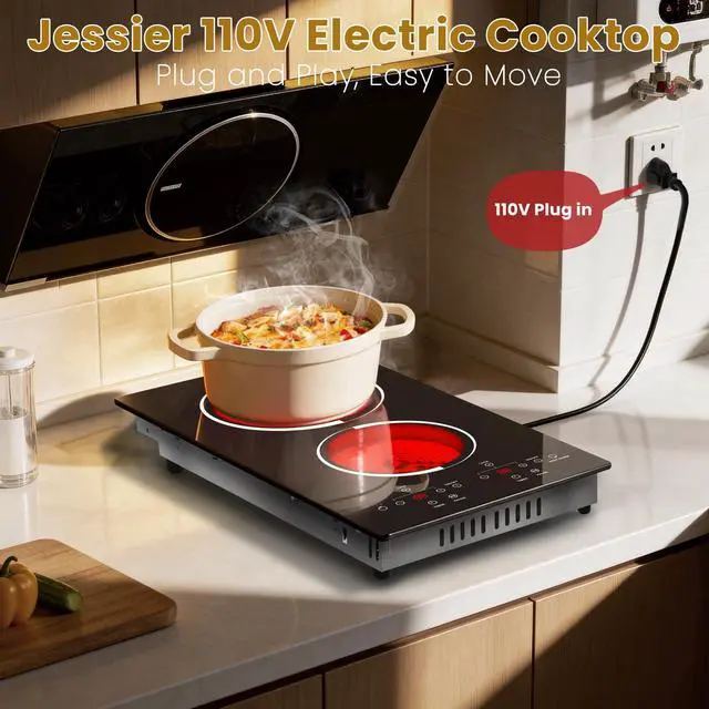 Alt view image 2 of 7 - 2 Burner Electric Cooktop 110V Plug in, Small Stove 2000W | 12 Inch Two Burner Countertop & Built-in Electric Stove Top, Timer, Safety Lock, Keep Warm, Portable Sensor Touch Control