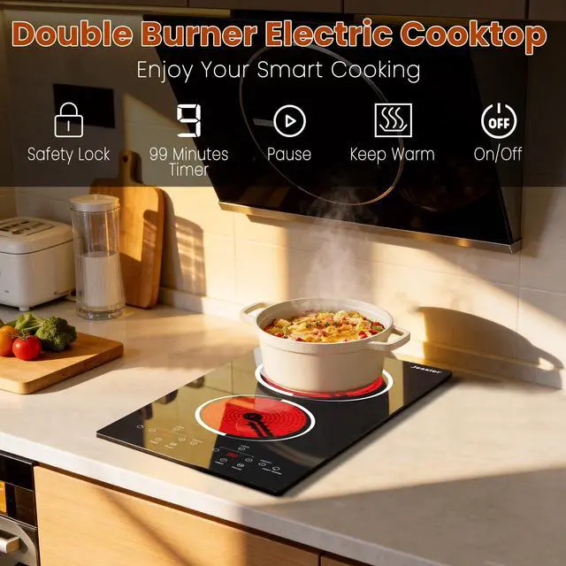 Alt view image 3 of 7 - 2 Burner Electric Cooktop 110V Plug in, Small Stove 2000W | 12 Inch Two Burner Countertop & Built-in Electric Stove Top, Timer, Safety Lock, Keep Warm, Portable Sensor Touch Control
