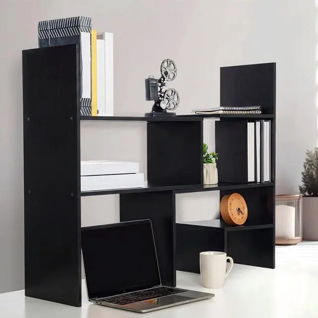 Alt view image 2 of 7 - Expandable Dorm Desk Dutch Adjustable Desktop Bookshelf Wooden Desktop Storage Organizer Bookcase Cubby Book Rack for College Dorm Home Office Furniture (Black)