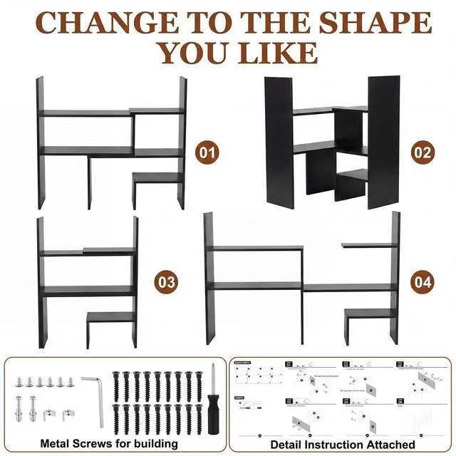 Alt view image 4 of 7 - Expandable Dorm Desk Dutch Adjustable Desktop Bookshelf Wooden Desktop Storage Organizer Bookcase Cubby Book Rack for College Dorm Home Office Furniture (Black)
