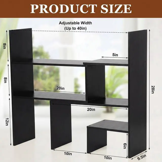 Alt view image 3 of 7 - Expandable Dorm Desk Dutch Adjustable Desktop Bookshelf Wooden Desktop Storage Organizer Bookcase Cubby Book Rack for College Dorm Home Office Furniture (Black)