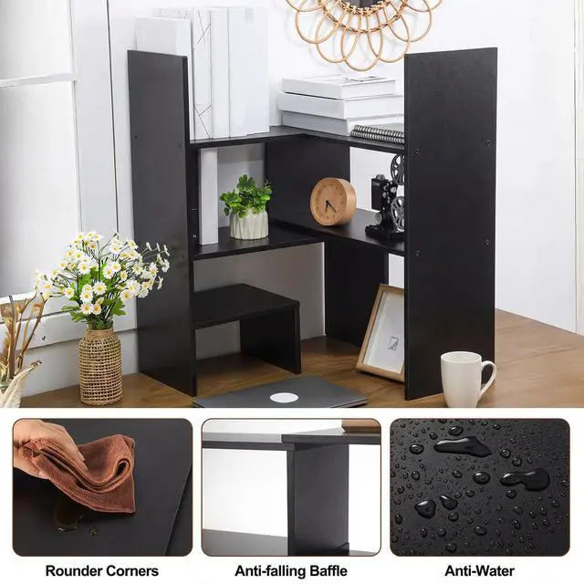 Alt view image 5 of 7 - Expandable Dorm Desk Dutch Adjustable Desktop Bookshelf Wooden Desktop Storage Organizer Bookcase Cubby Book Rack for College Dorm Home Office Furniture (Black)