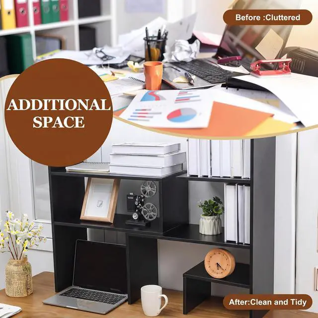 Alt view image 6 of 7 - Expandable Dorm Desk Dutch Adjustable Desktop Bookshelf Wooden Desktop Storage Organizer Bookcase Cubby Book Rack for College Dorm Home Office Furniture (Black)