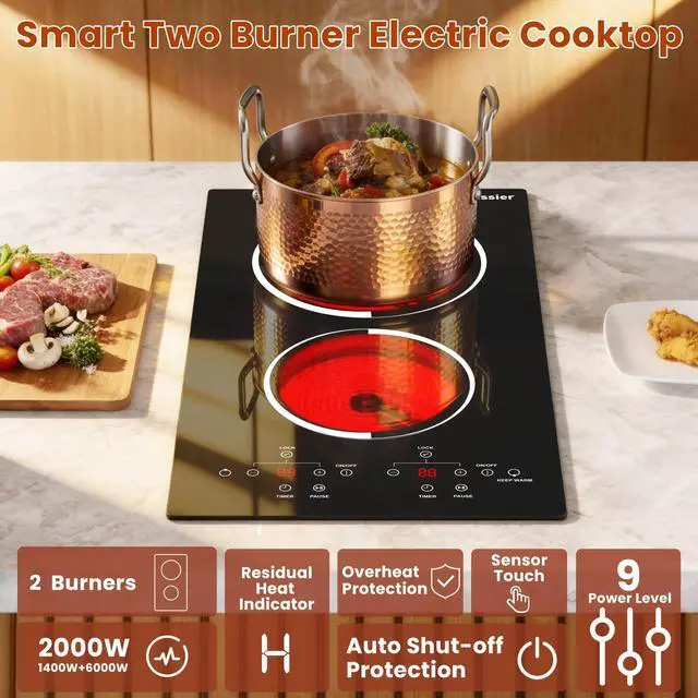 Alt view image 5 of 7 - 2 Burner Electric Cooktop 110V Plug in, Small Stove 2000W | 12 Inch Two Burner Countertop & Built-in Electric Stove Top, Timer, Safety Lock, Keep Warm, Portable Sensor Touch Control