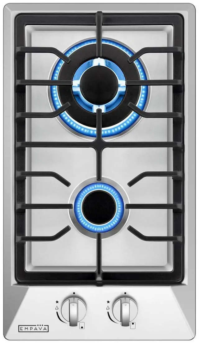 Main image of 12-Inch Gas Cooktop, 2 SABAF Burners, NG LPG Stainless Steel Stove | NG/LPG dual fuel convertible, 2 Italian SABAF burners, thermocouple auto shut-off, dishwasher-safe cast iron grates